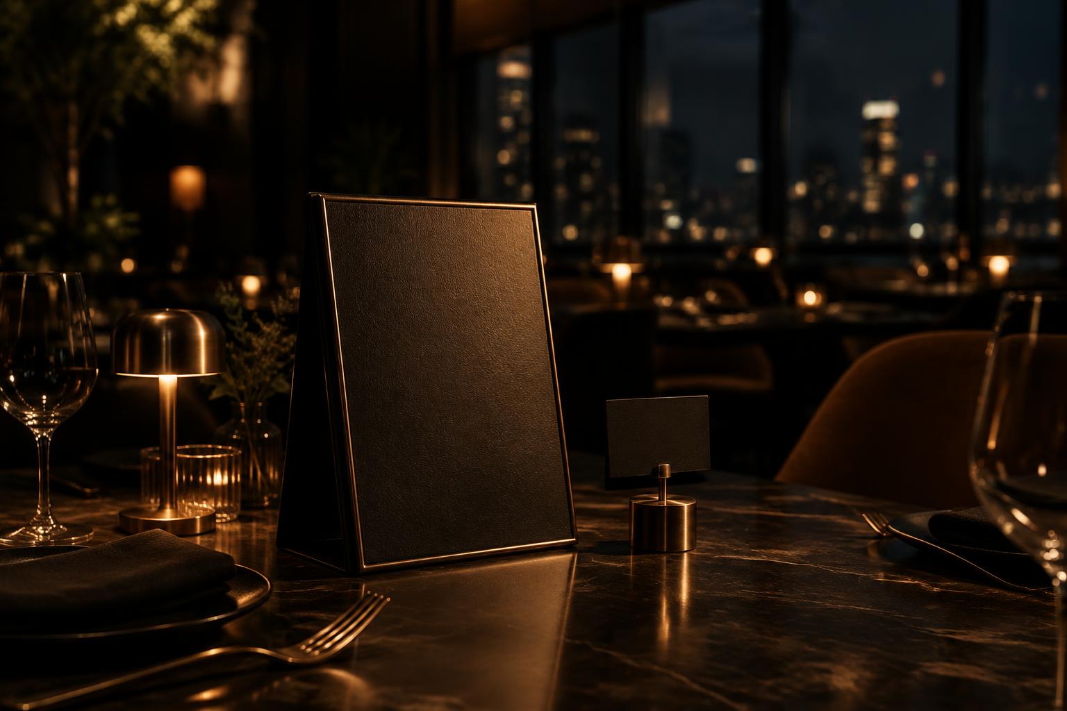 Restaurant table with a menu stand at night