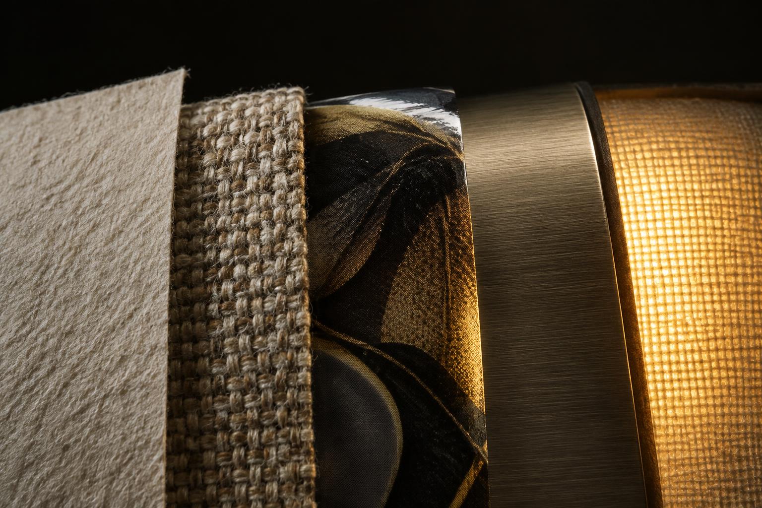 Macro textures of paper, fabric, vinyl, metal and illuminated fabric