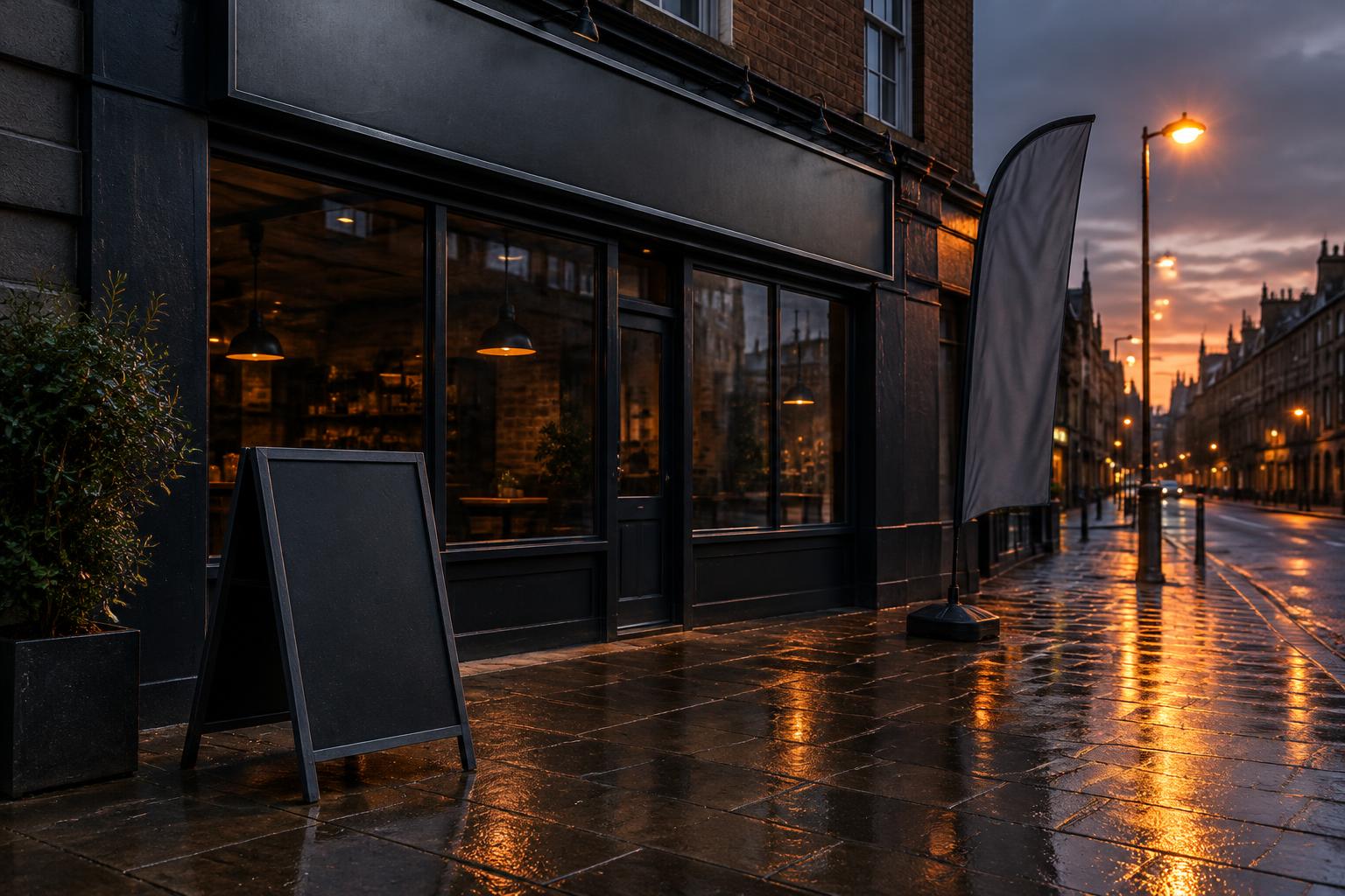 Shop pavement with an A-board, flag and banner frame at dusk