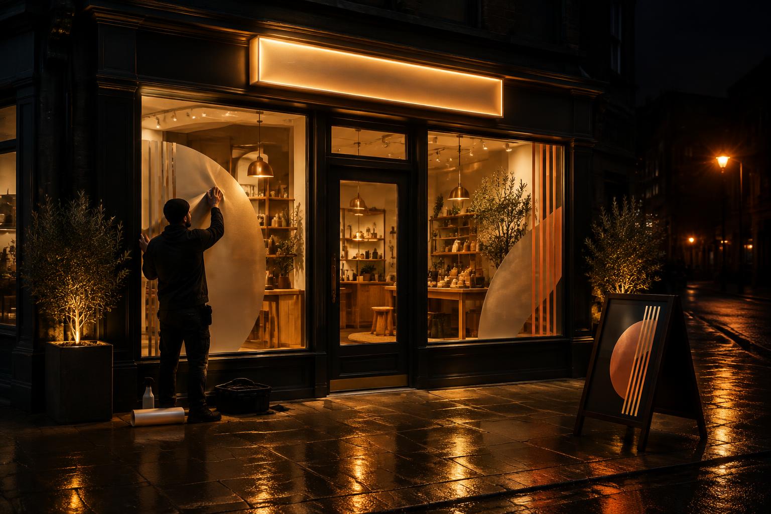 Shopfront being branded at night