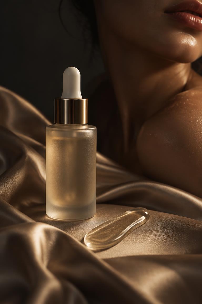 Skincare dropper bottle resting on draped silk