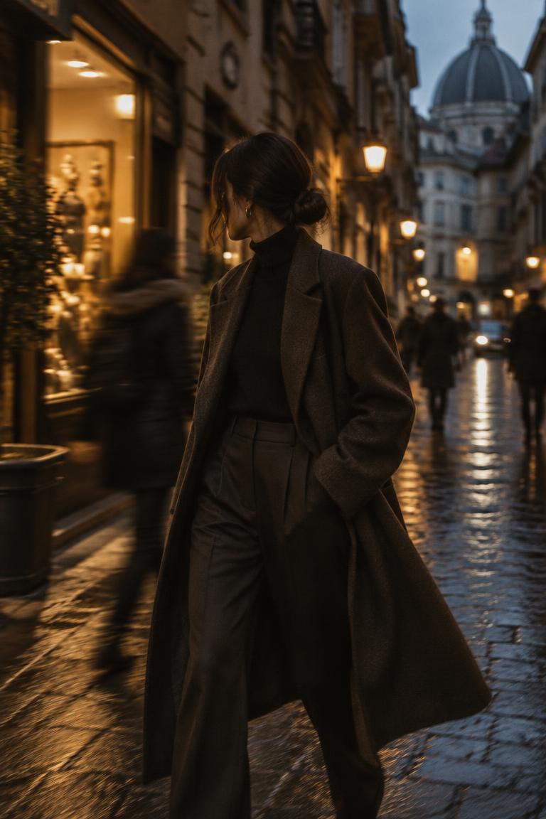 Person in a tailored coat on a wet city street at dusk