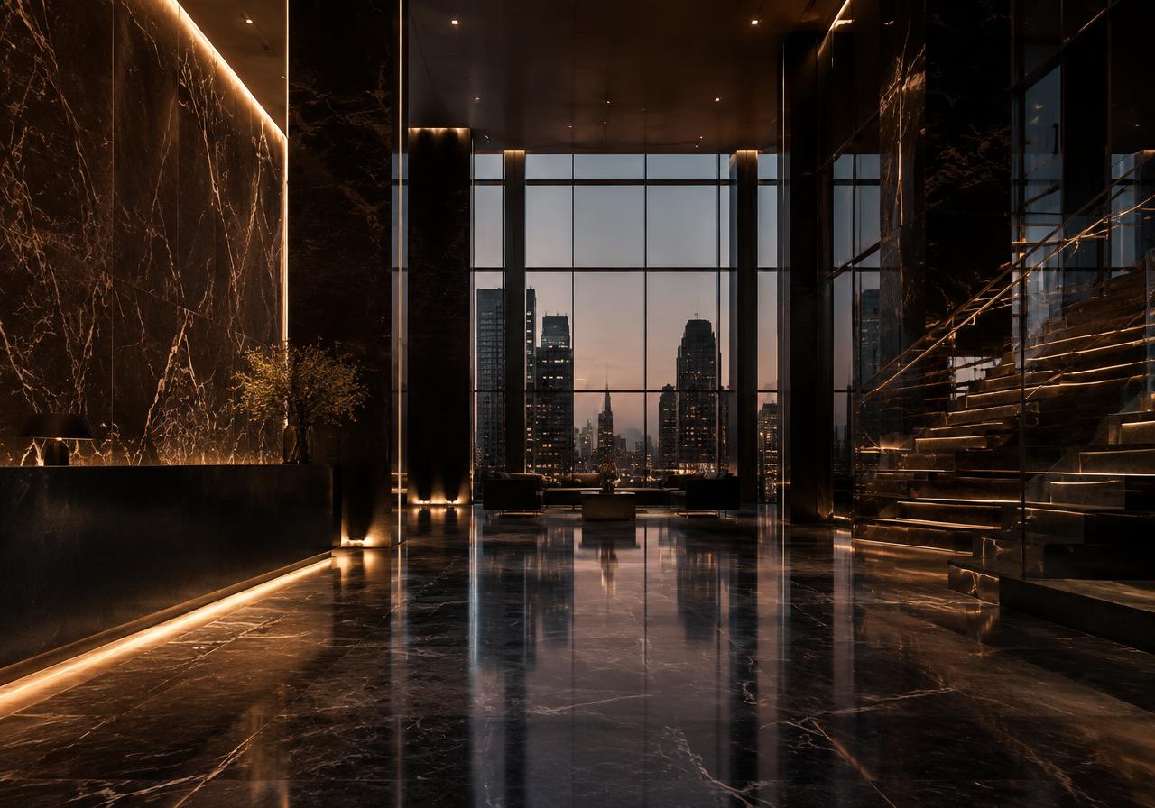 Marble lobby overlooking a city skyline at dusk