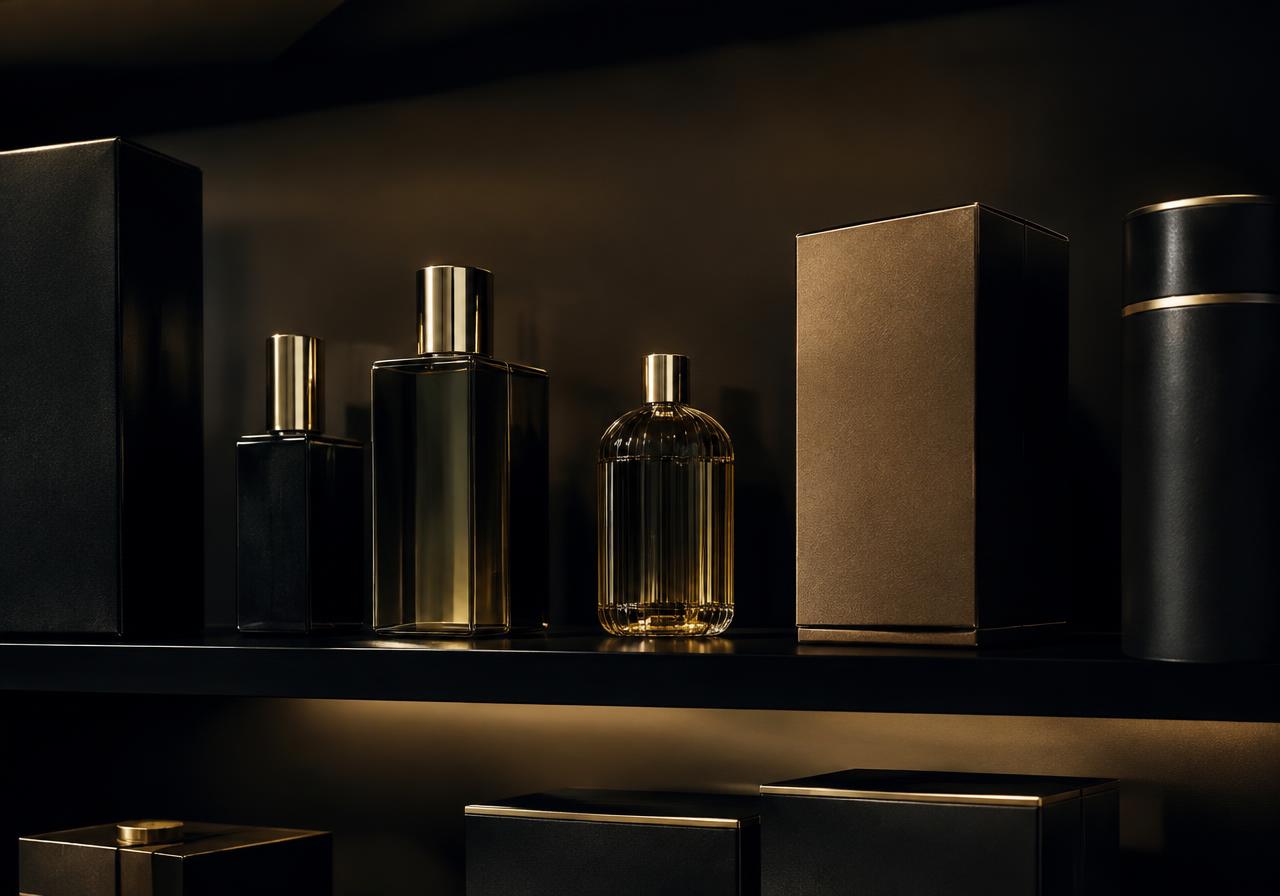 Premium bottles and boxes on a softly lit shelf