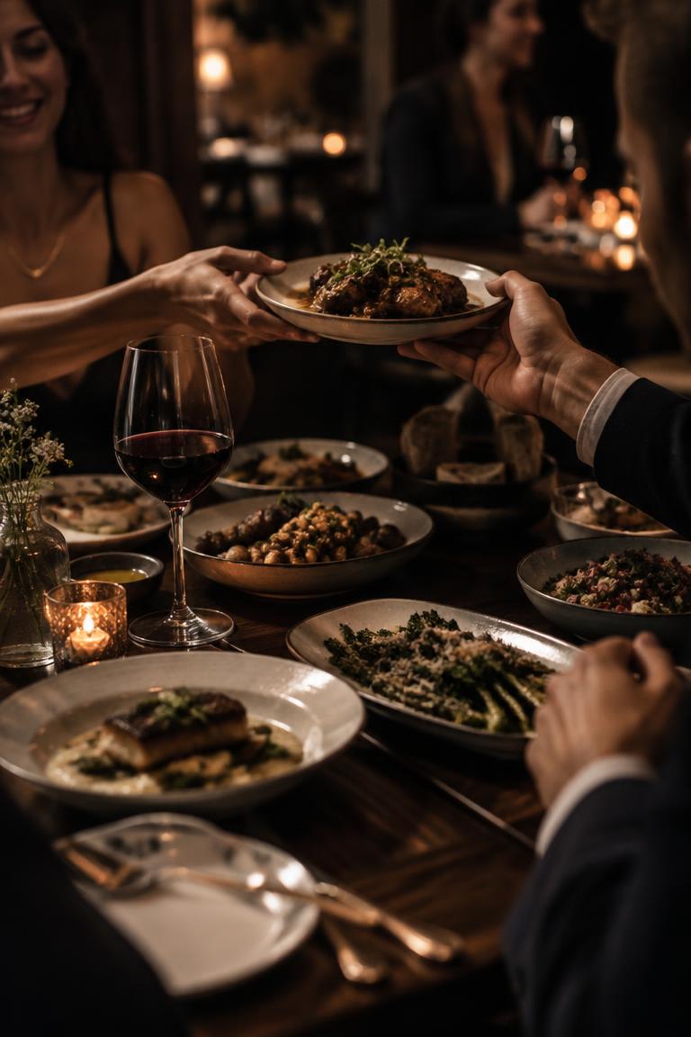 Candlelit table of shared dishes and red wine