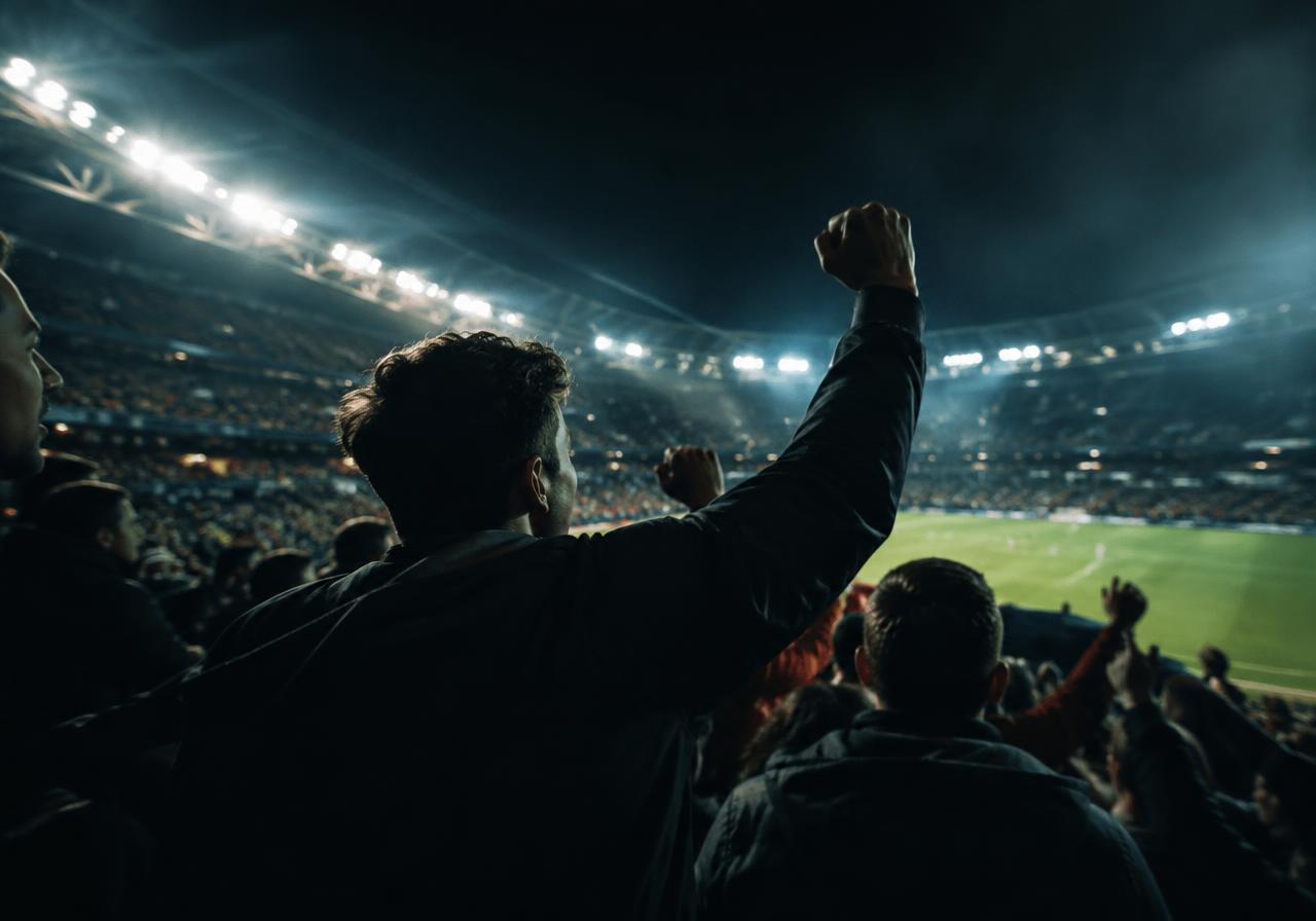 Stadium crowd celebrating under floodlights